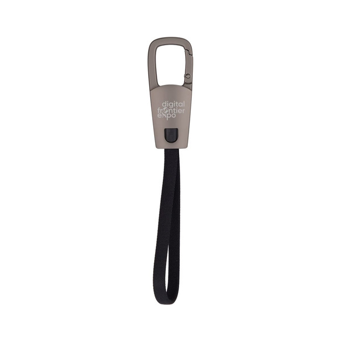 A grey ClipIt Carabiner Cable with a strap, featuring a logo, designed for charging devices.