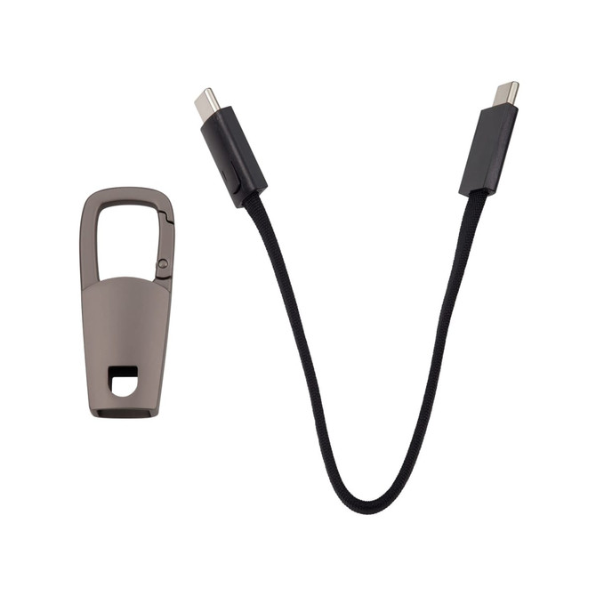 A brown carabiner and a black charging cable with USB-C connectors on both ends.