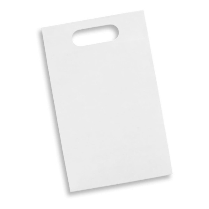 A white die cut paper wine bag with a handle and no visible branding.