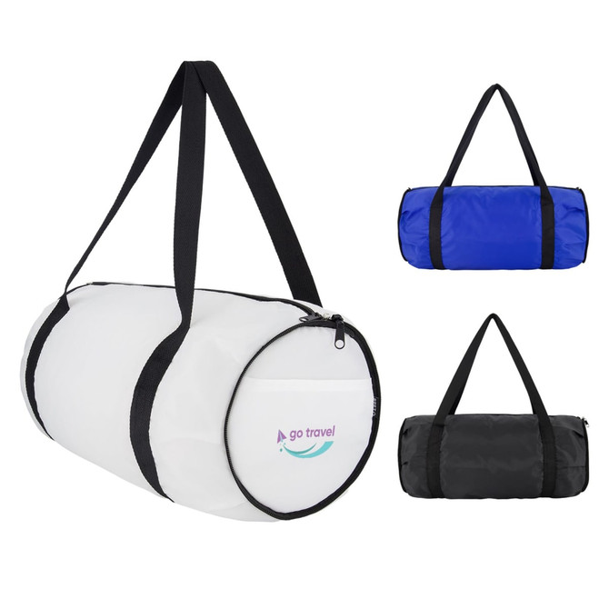 A white, blue, and black duffle bag with a logo and black straps, featuring a zippered closure.