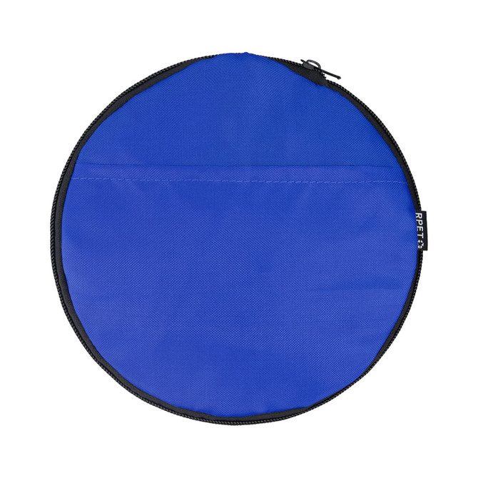 A round blue duffle bag with a black zip and a logo on the side.
