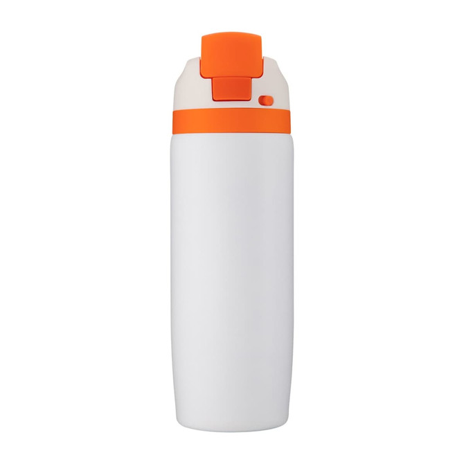 A drink bottle in white with an orange lid and a logo. The design is sleek and modern.