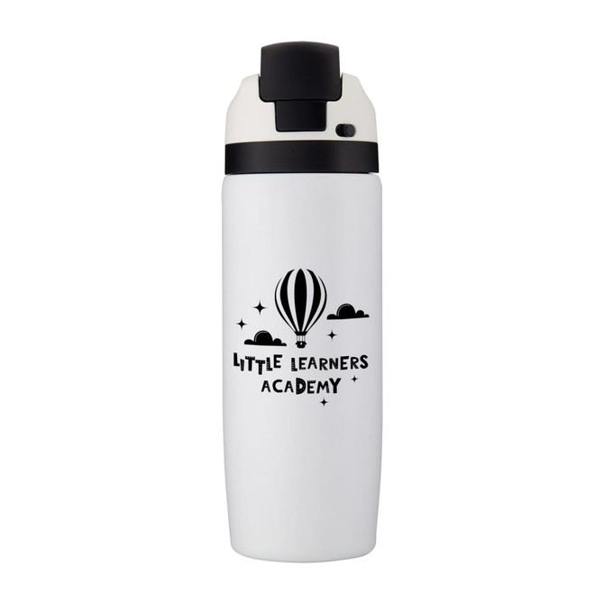 A drink bottle in white with a black lid and a branding design featuring a hot air balloon.
