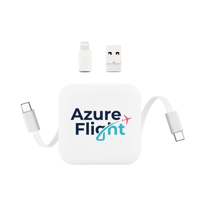 A white retractable charging cable with USB and Lightning connectors, featuring a logo on the casing.