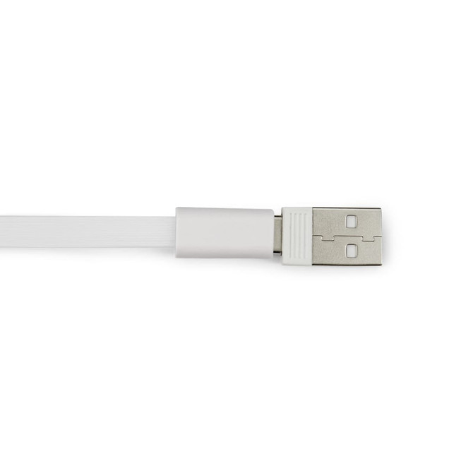 A white retractable charging cable with a metallic USB connector, featuring a logo on the cable.