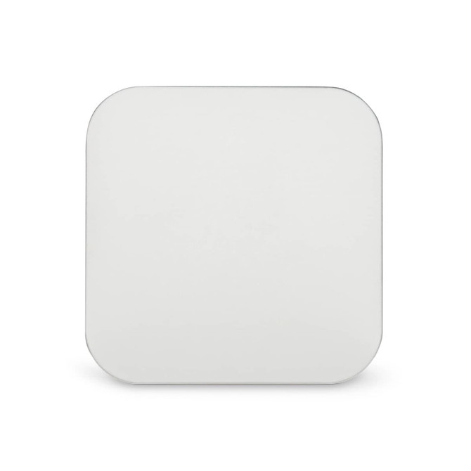 A square charging pad in white, featuring rounded edges and a smooth surface. It has a branding logo on the side.