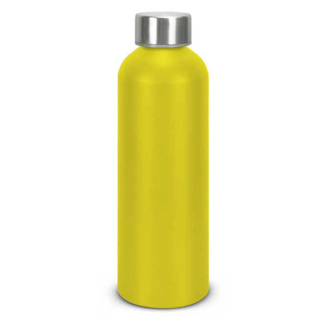 A drink bottle in bright yellow with a silver lid, featuring a smooth, matte finish and a logo.