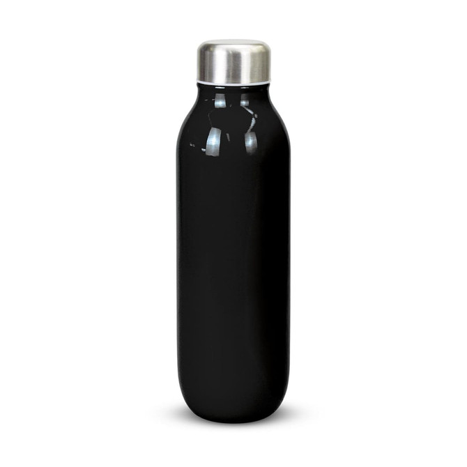 A drink bottle in sleek black with a stainless steel lid and a minimalist design. It features a logo.