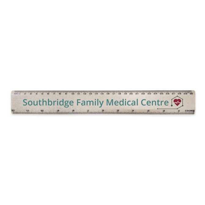 A 30cm wheatstraw ruler featuring a logo and measurements in a light beige colour.
