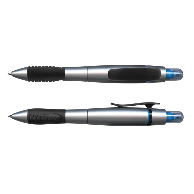 A silver and black plastic pen featuring a ballpoint and a highlighter, equipped with a clip and textured grip.