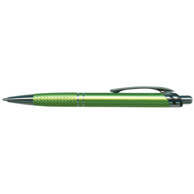 A green metal pen with a textured grip and a clip, featuring a shiny silver tip. It has a logo on the side.