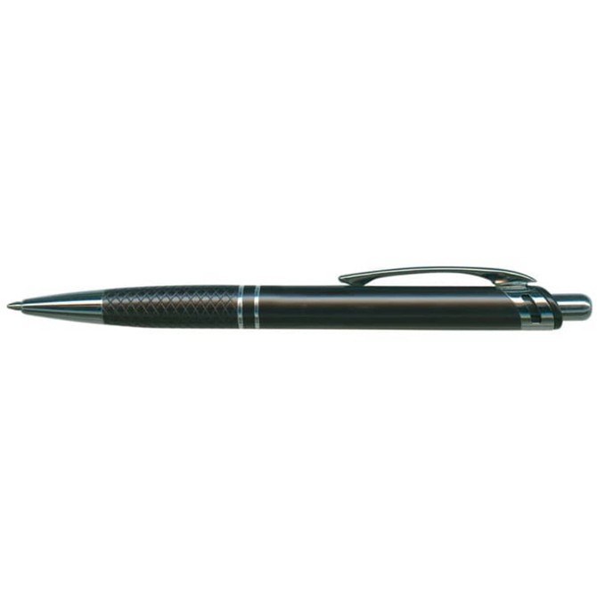 A metal pen in black with a textured grip and shiny accents, featuring a clip and a logo.