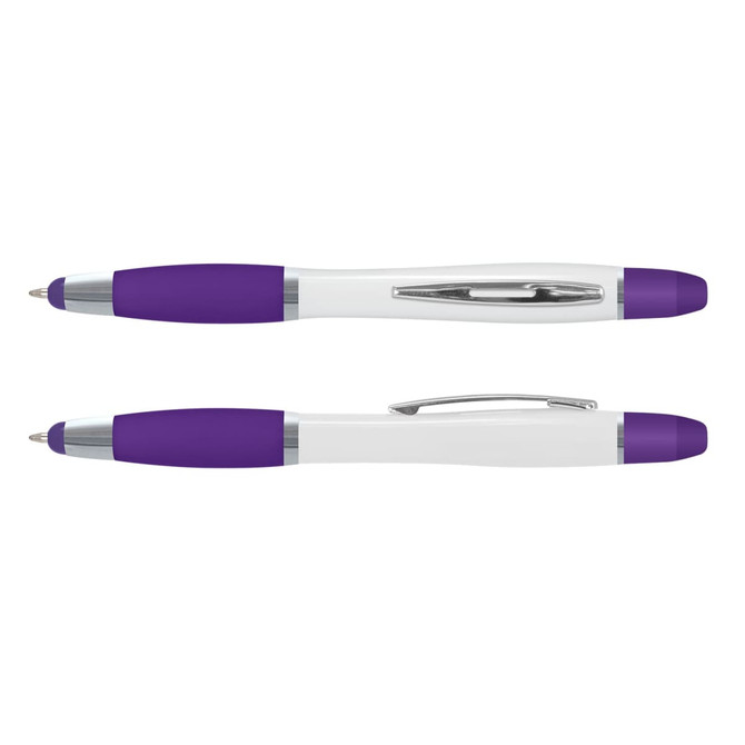 A multi-function pen in white and purple, featuring a sleek design and a clip for easy attachment.
