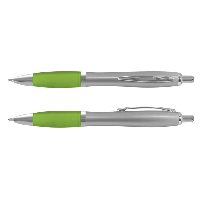 A silver barrel pen with a green grip and silver accents, featuring a clip and a logo.