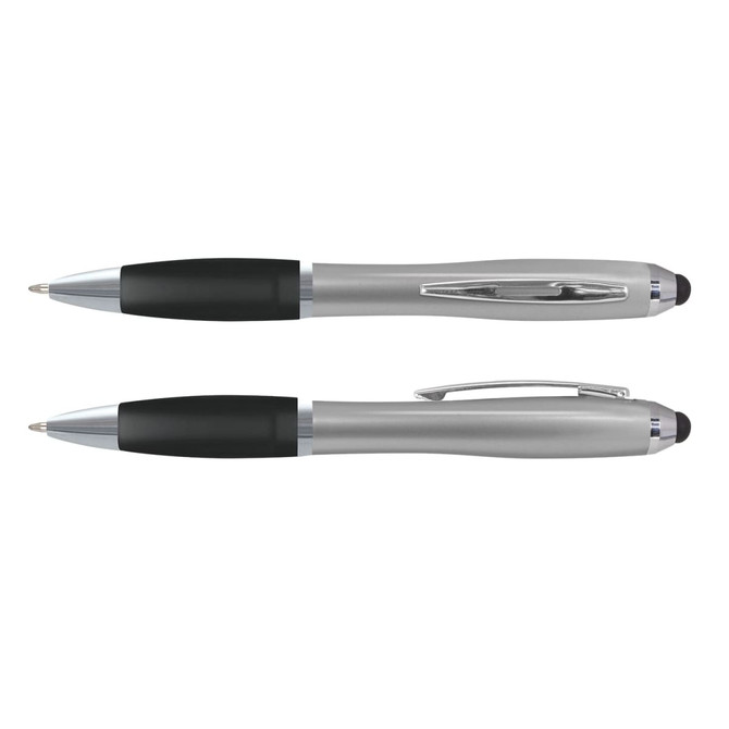 A sleek silver stylus pen with a black grip and a clip, featuring a branding logo.