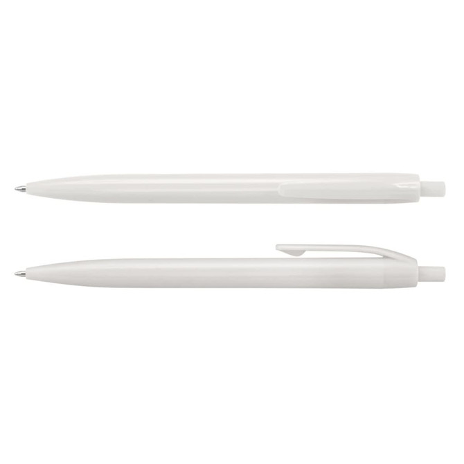A plastic pen in white, featuring a smooth body and a clip for easy attachment. Includes a logo.