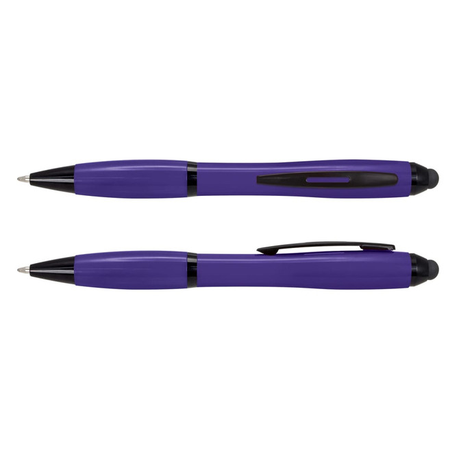 A stylus pen in vibrant purple with a black accent, featuring a smooth barrel design and a built-in clip.