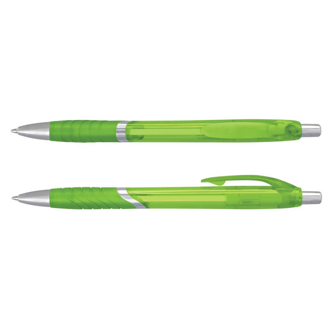 A pair of translucent green plastic pens with silver accents, featuring a textured grip and a clip.