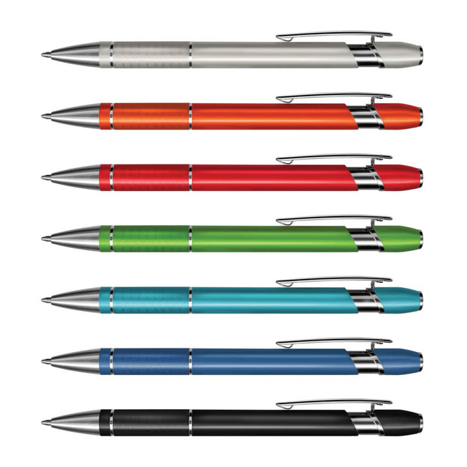 A display of metal pens in silver, red, green, blue, and black, featuring a logo and a sleek design.