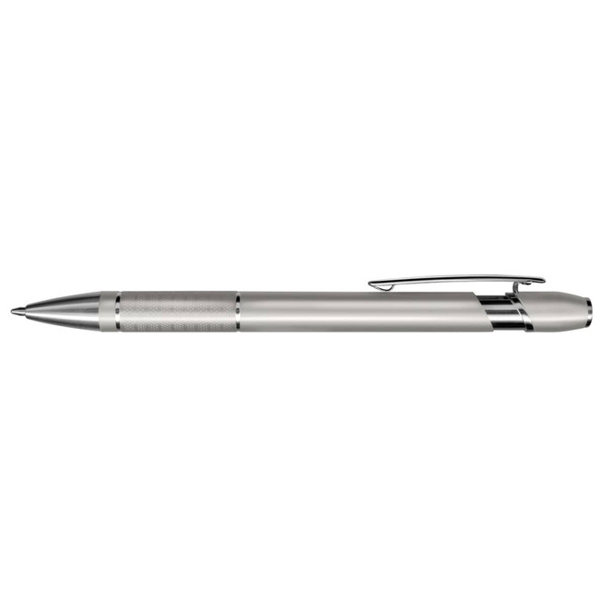 A metal pen in silver with a clip and a sleek design, featuring a logo on its body.