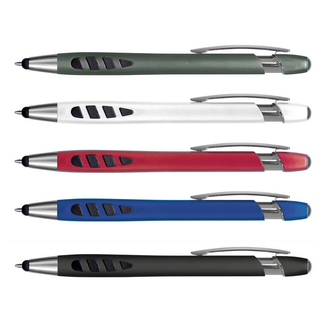 A collection of Havana stylus pens in green, white, red, blue, and dark grey with silver accents and a logo.