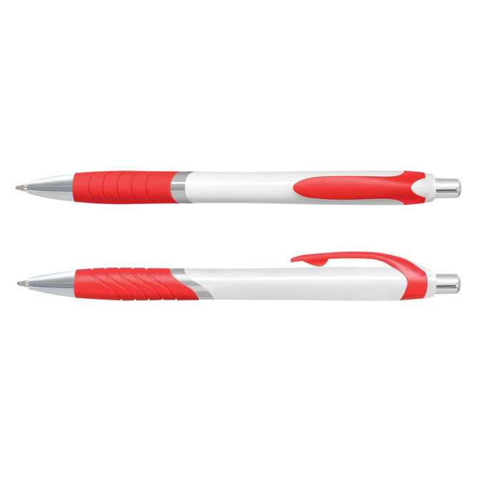 A plastic pen with a white barrel and red accents, featuring a grip and a clip. Includes a logo on the barrel.