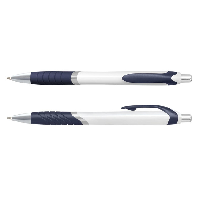 A plastic pen with a white barrel and navy blue details, featuring a smooth grip and a clip. It has a logo.