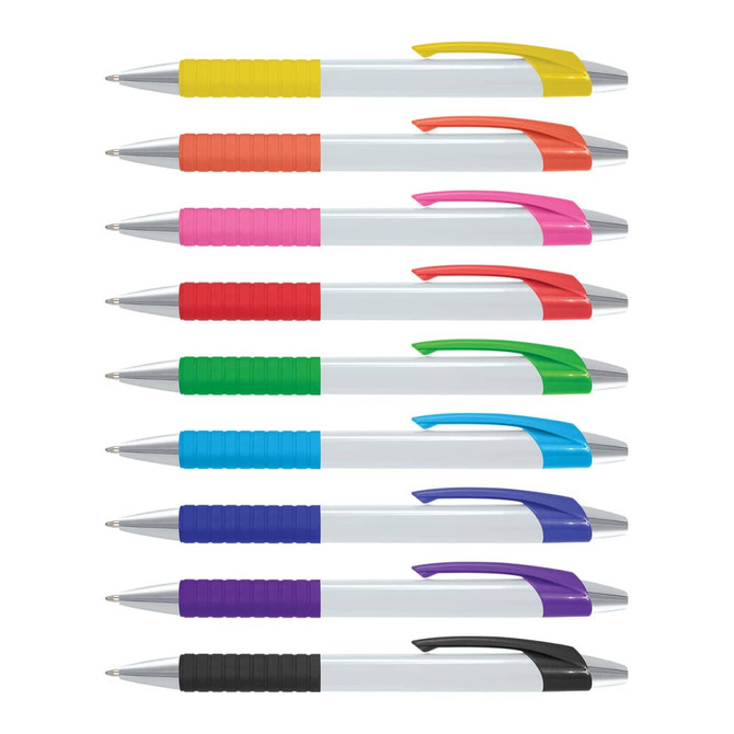 A collection of Cleo pens with white barrels and various coloured grips and accents, featuring a logo on each pen.