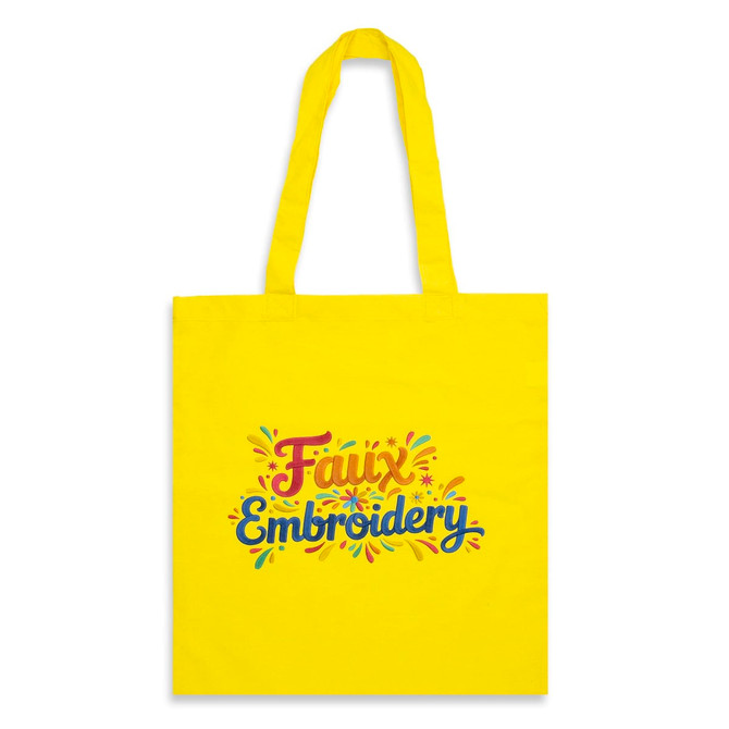 A vibrant yellow tote bag featuring faux embroidery design and an attached logo.