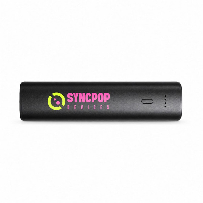A black portable charger featuring a logo and indicator light. Compact design for charging devices on the go.