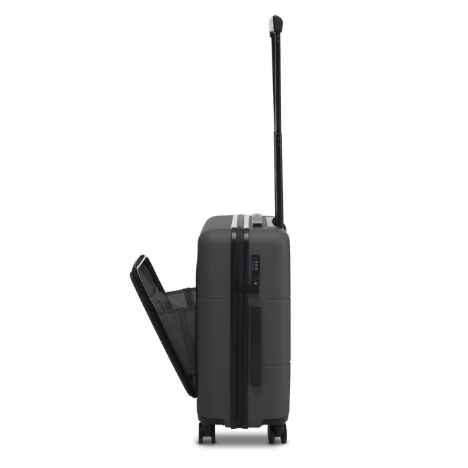 A dark grey carry-on suitcase with a retractable handle and an open compartment showcasing the interior.