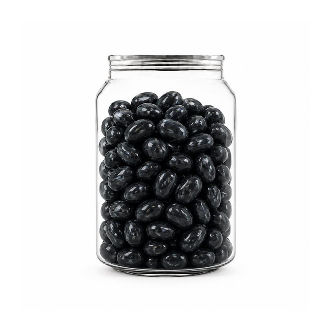 A clear jar filled with shiny black jelly beans. The jar has a metal lid and features a logo.