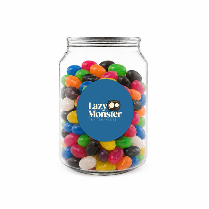A clear jar filled with assorted jelly beans in vibrant colours, featuring a label with a logo.