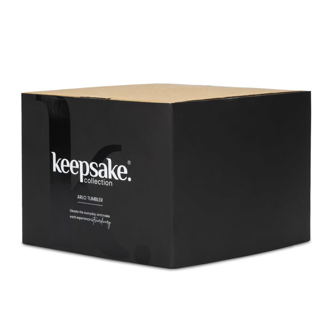 A black box containing a set of four Keepsake Arlo tumblers, featuring a logo on the front.