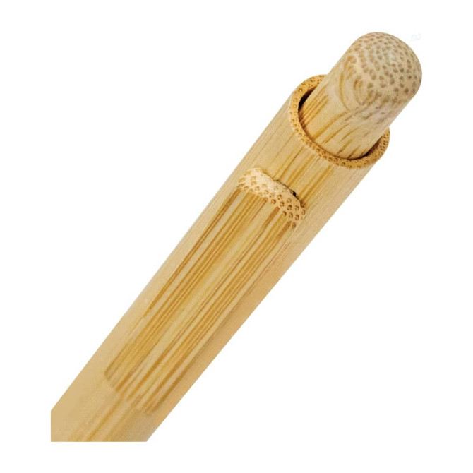 A bamboo pen with a natural finish, featuring a textured cap and smooth body. It has a logo on the side.