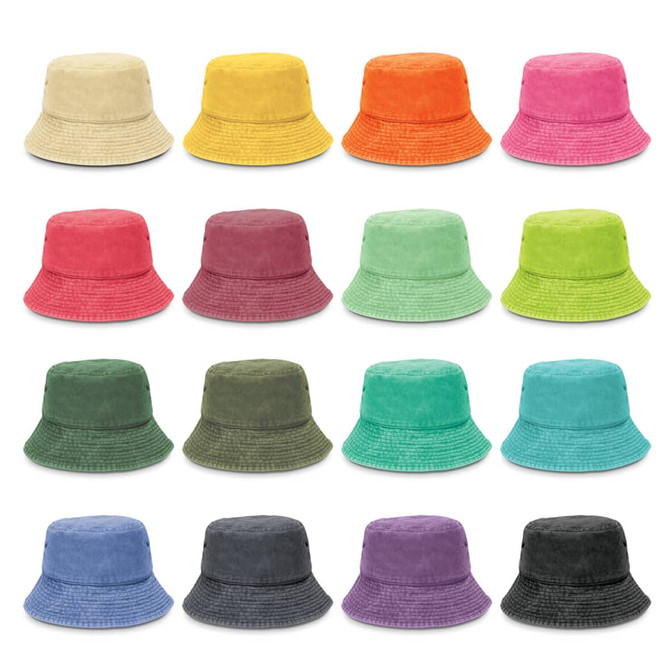 A variety of Bondi Washed Bucket Hats in multiple colours, featuring a logo on each hat.