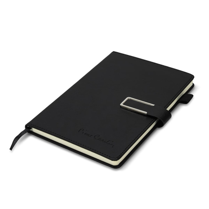 A black diary with a sleek cover and a metallic clasp, featuring an interior with cream pages and a logo.