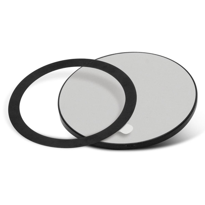 A round magnetic badge in grey with a black outer ring and backing, featuring a logo.