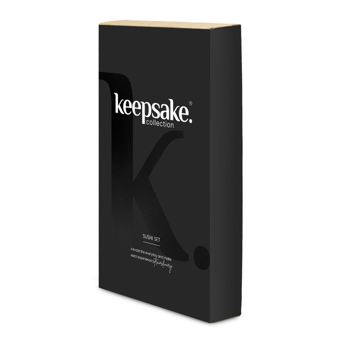 A black box packaging for a sushi set, featuring a logo and simple design.