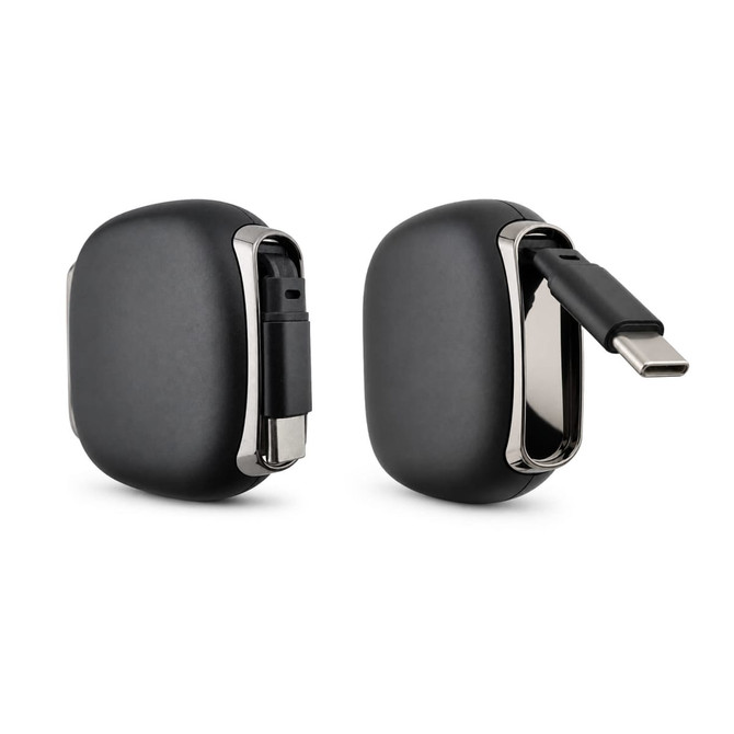 A compact black cable reel featuring a USB-C connector, with a polished silver clip.