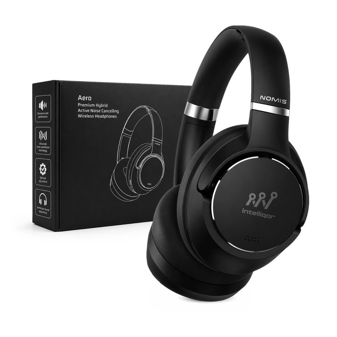 Aero by Nomis headphones in black, featuring a sleek design and a box with branding.