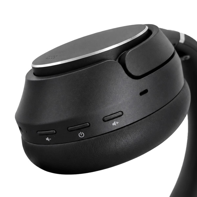 Black headphones featuring control buttons and a sleek design with a metallic accent. Includes a logo on the side.