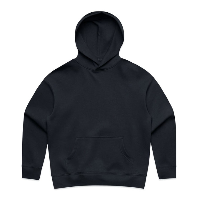 A navy hooded sweatshirt with a front pocket and a large hood. The fabric appears soft and warm.