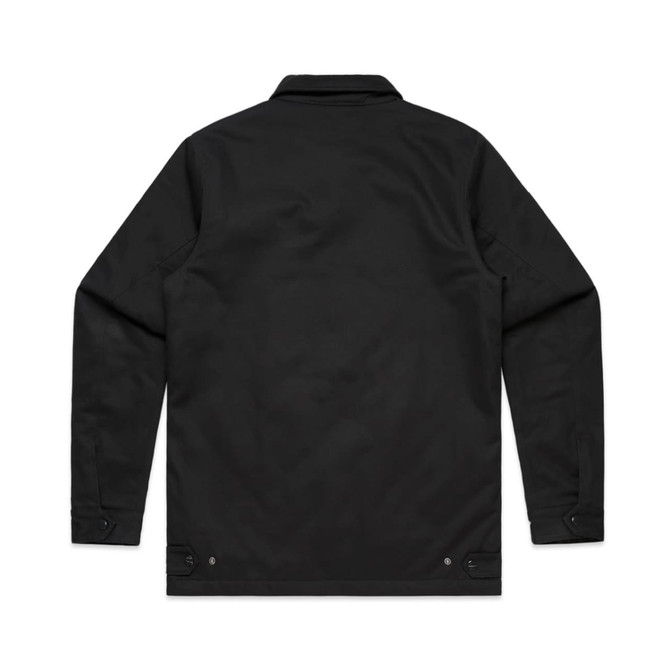 A black work jacket with a collared neck and long sleeves, featuring button details at the cuffs.