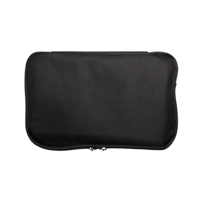 A black cooler bag with a zippered closure, featuring a sleek, textured surface.