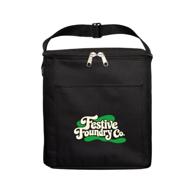 A black insulated cooler bag with a zippered top and a front pocket, featuring a logo.