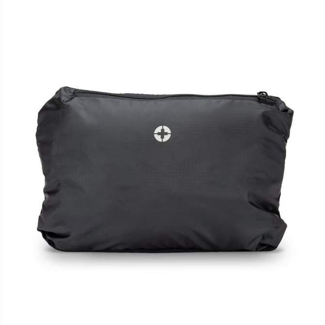 A black windbreaker with a zippered closure and a logo on the front.