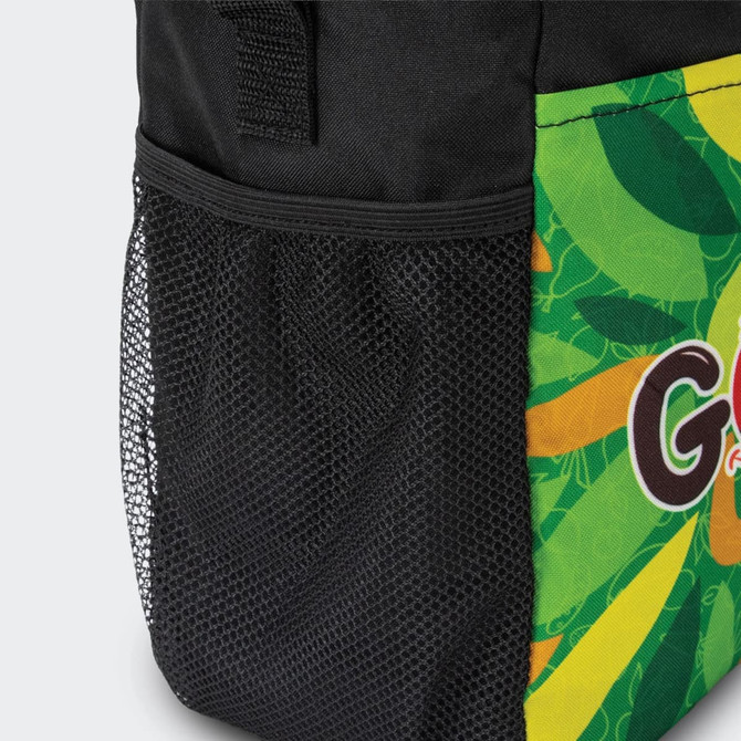 A black and green lunch cooler bag with a mesh pocket and colourful graphic design, featuring a logo.