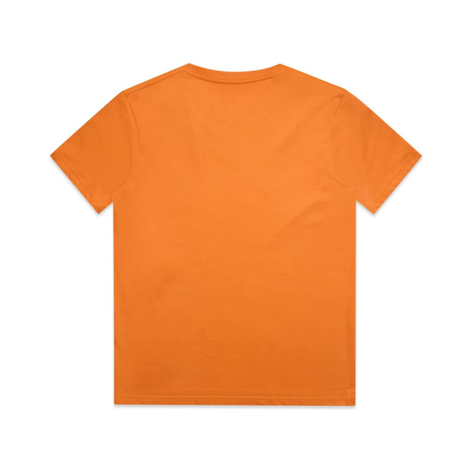 An orange t-shirt viewed from the back, featuring a simple design and no visible logos or graphics.