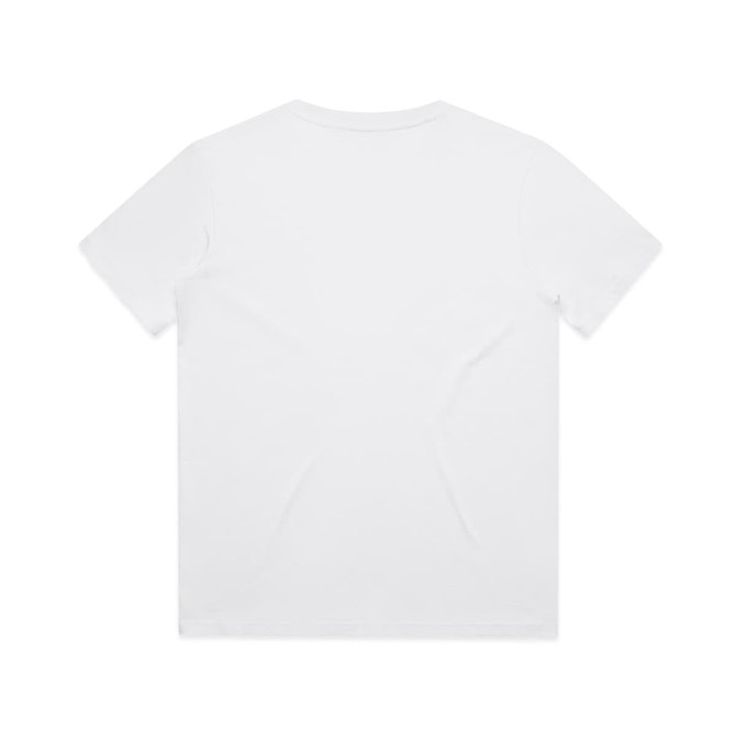 A plain white youth t-shirt featuring a round neckline and short sleeves. It has a logo on the back.